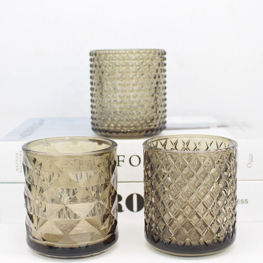 FENGJUN  wholesale custom various pattern design 8 oz  translucent embossed surface textured bule brown glass candle jar vessel