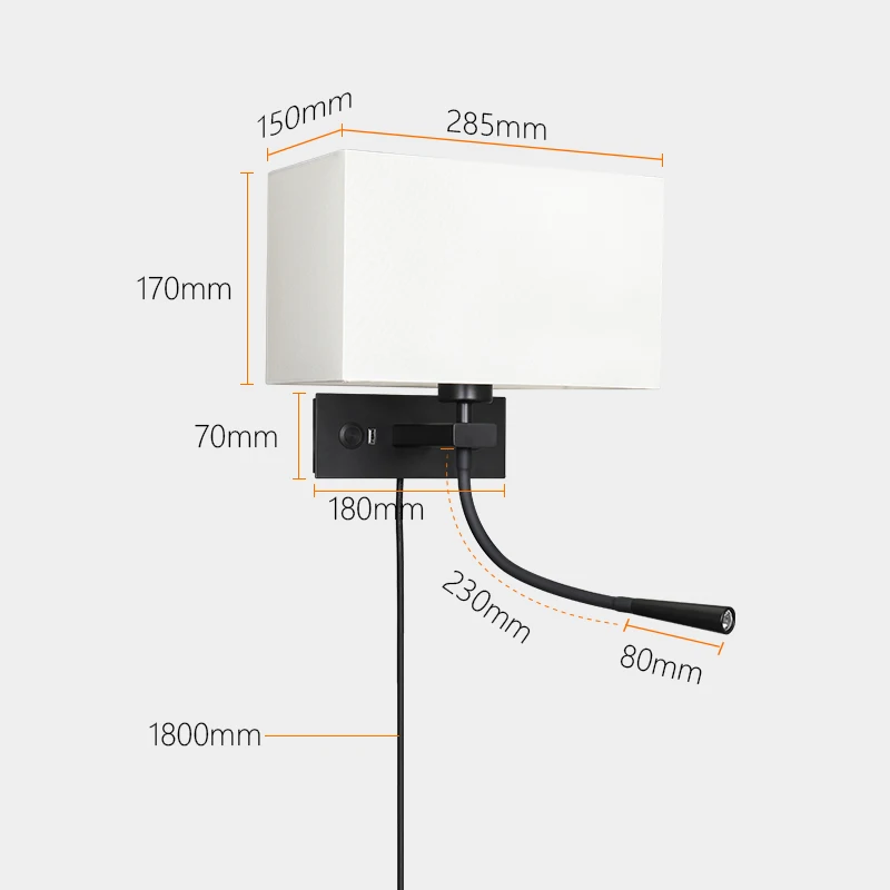 Dimmable Flexible Gooseneck Wall Mount Mounted Bedside Reading LED Light Lamp with USB Port and  double switch Cloth lampshade