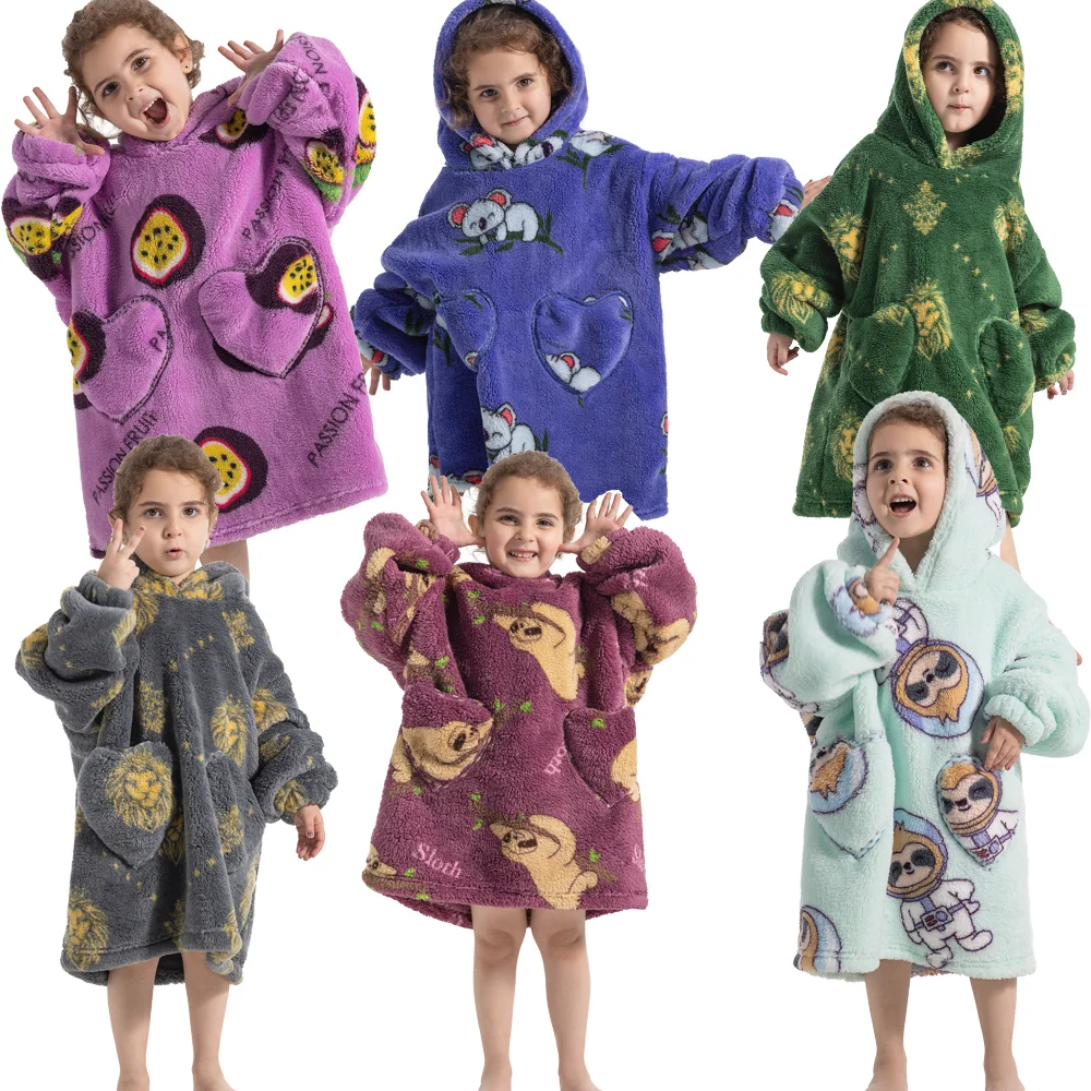 Wearable Blanket Hoodie for Kids Toddlers 2-6YR Oversized Blankets Cute Animal Super Soft Comfortable Warm Sherpa with Pockets