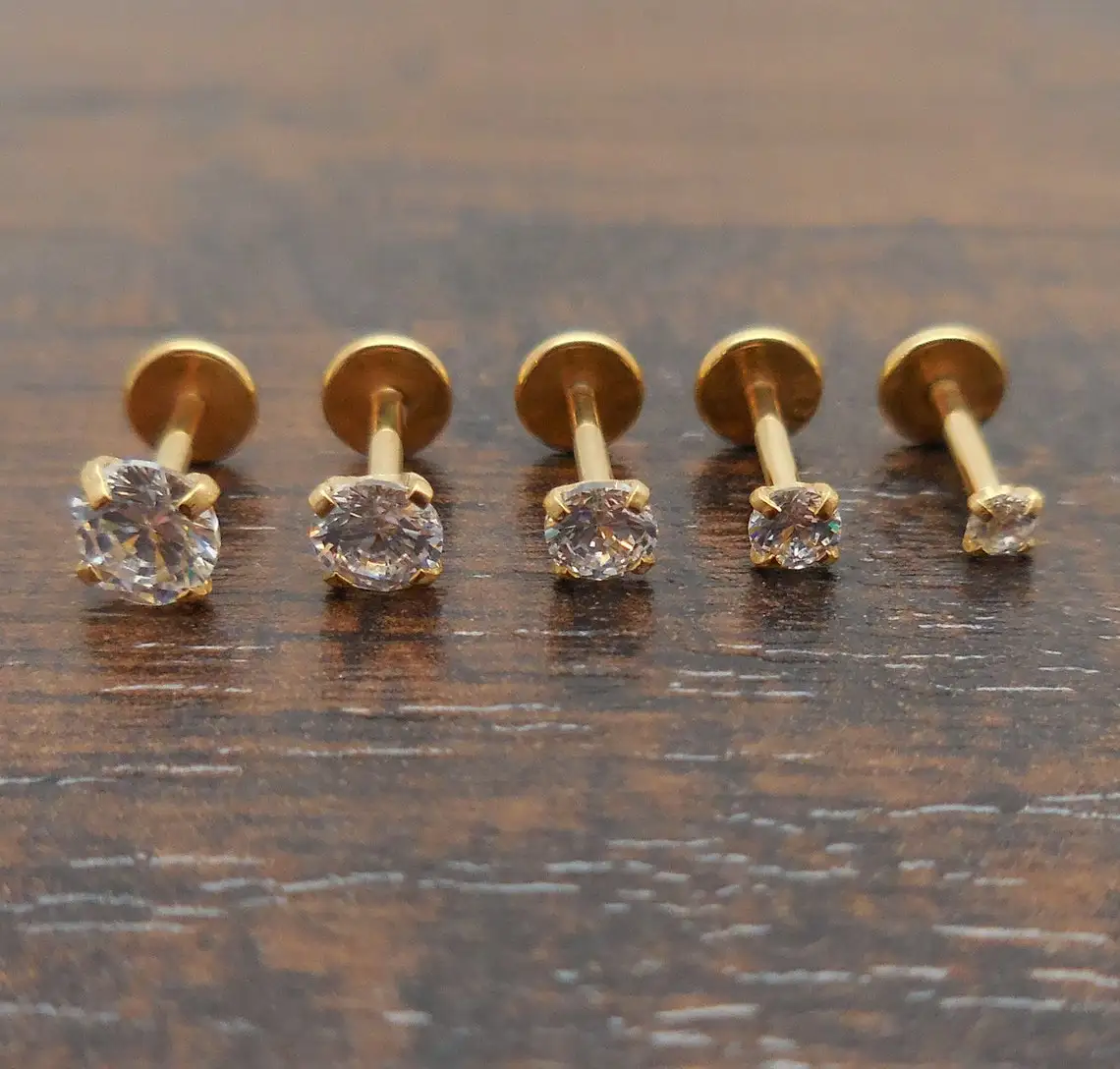 18g 2-4mm Tragus Threadless Push Pin 6mm-8mm Nose Ring Cartilage Earrings Gold Tone Labret Prong Set Clear CZ Stone