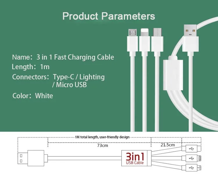 
3FT TPE 1m cell phone 3 in one usb3.0 12v Power 5V 3A type c charging 3in 1 charger usb cable 
