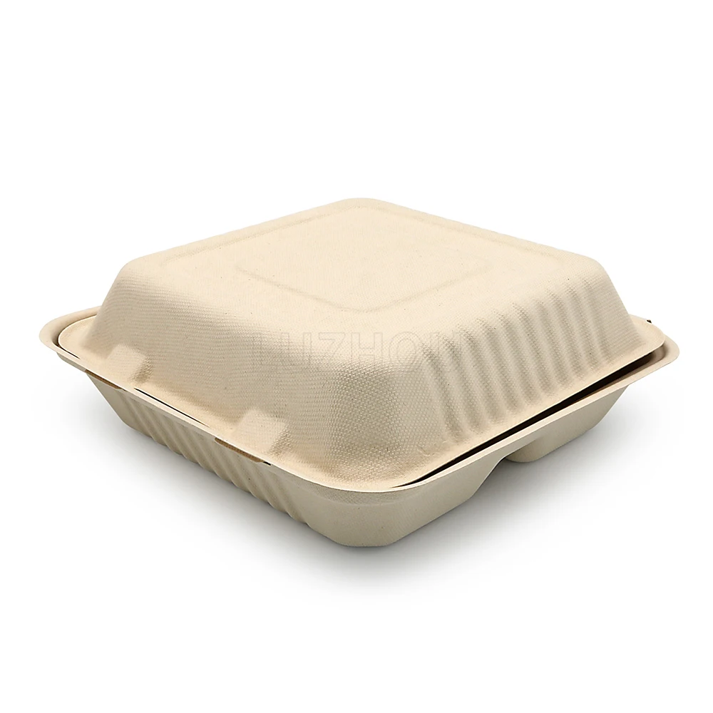 9 inch Bagasse Sugarcane 3 Compartments Lunch Box Biodegradable Compostable Food Containers With Certificates