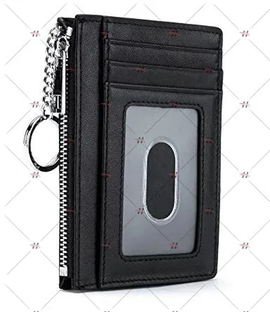 
RFID Blocking Men Women Genuine Leather Slim ID Window Metal Chain Zip Key Wallet 