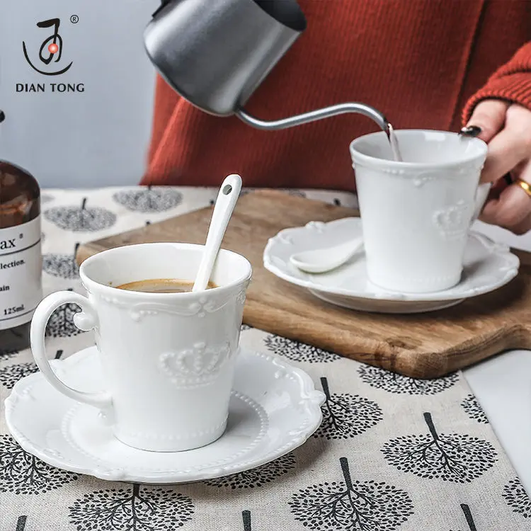 Western style custom logo 100ml 200ml plain white ceramic porcelain espresso coffee cup and biscuit saucer