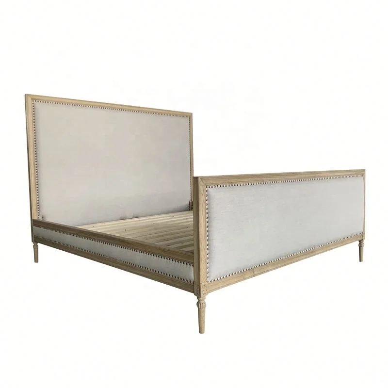 HL025 Antique Natural Wooden Nailhead Trim Frame King Size Upholstered Linen Fabric Hotel Bed with Footboard Woodcarving Legs