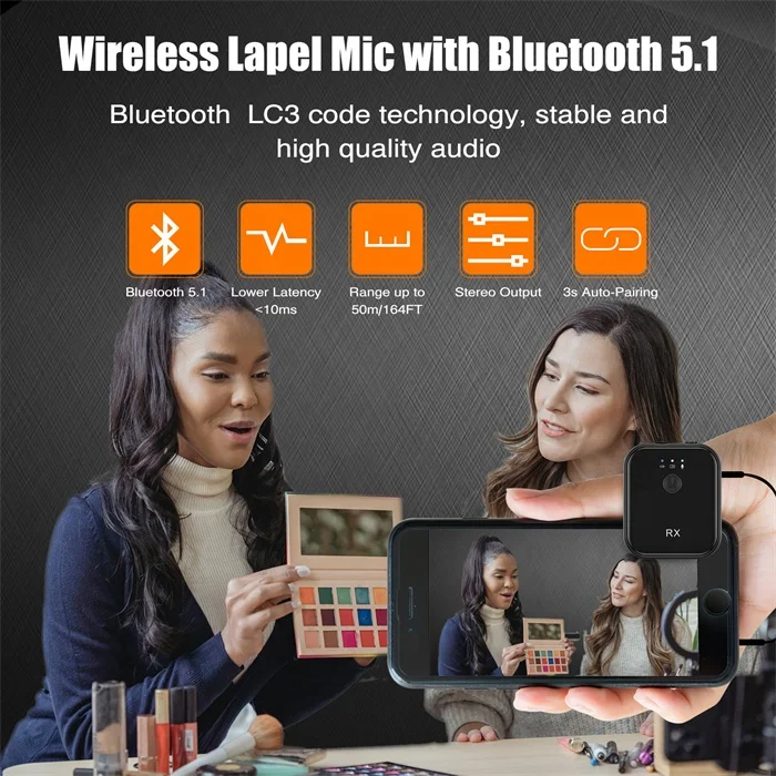 RUIZU Professional Wireless Lavalier Microphone System BT 5.1 Dual Channel Lapel Mic for iPhone Android Camera Video Recording