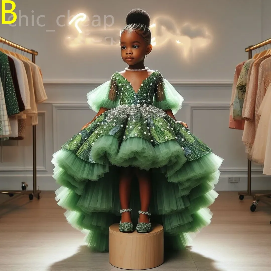 2024 Royal Green Printed Flower Girl Dresses Ball Gown Tulle Tiers Pearls Beaded Luxurious Little Girl Christmas Peageant dress