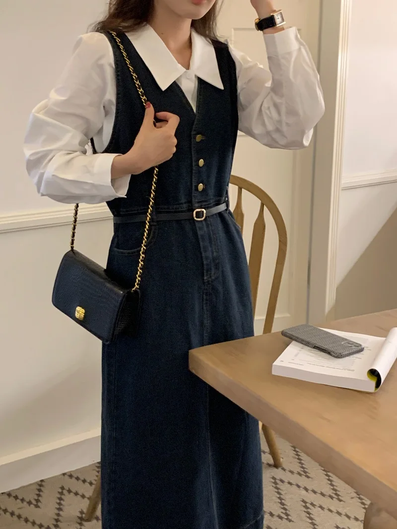 Droma Korean simple loose white shirt+washed denim V-neck single-breasted waist skirt jean two piece set for women