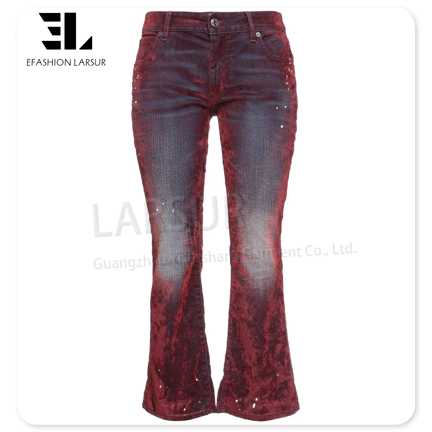 LARSUR Custom Factory Womens Distressed Dye Faded Wash Elastane Velvet Denim Pants Casual Bootcut Flocking Suede Jeans Ladies