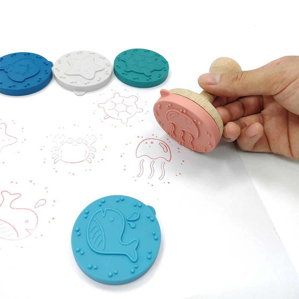 Hot Selling Silicone Custom Set Toy Wooden handle Stamp For Gifts And Kids