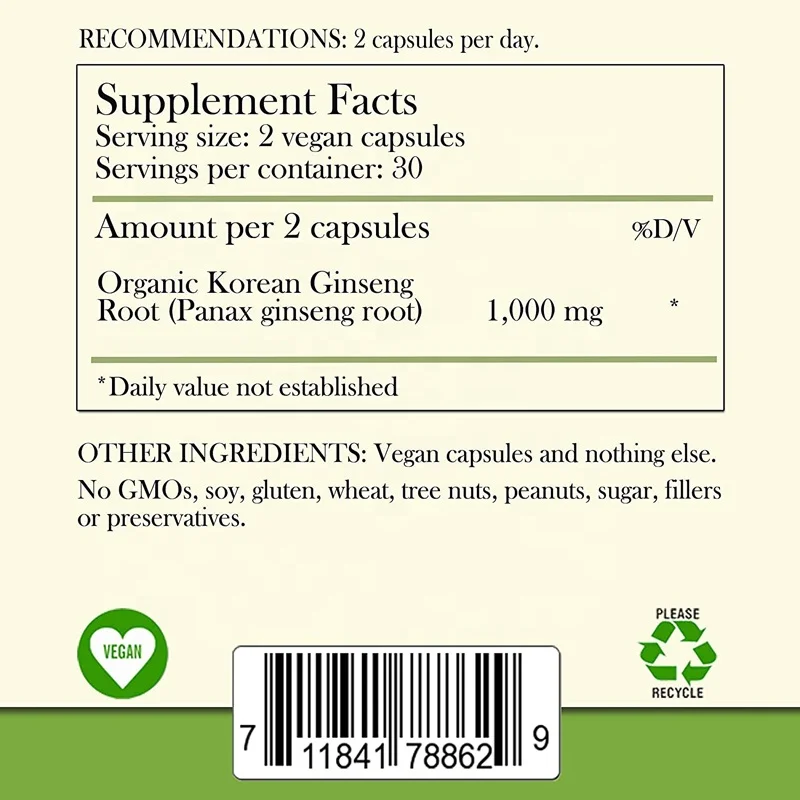 OEM/ODM Hot selling Panax Ginseng extract Capsule Energy & Focus Boost Energy Endurance Pills for Unisex