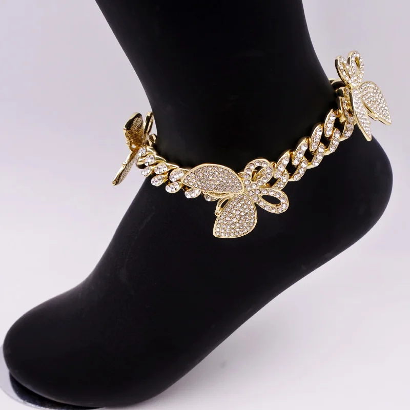  Rose Gold Rhinestone Crystal Beach Anklets for Women Foot Butterfly Ankle Bracelet Female Hip Hop
