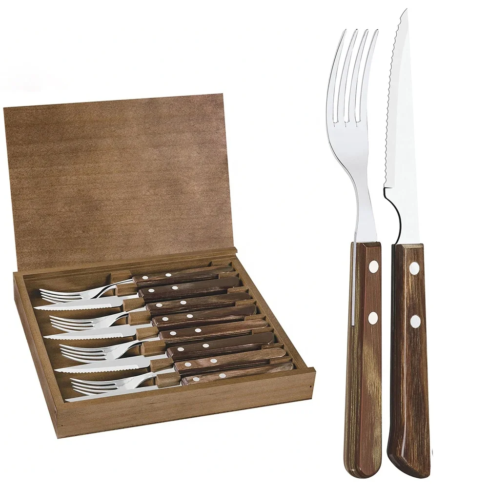 Classic pakka wood 6pcs metal stainless steel steak knives kitchen steak knife and fork set with wooden gift box