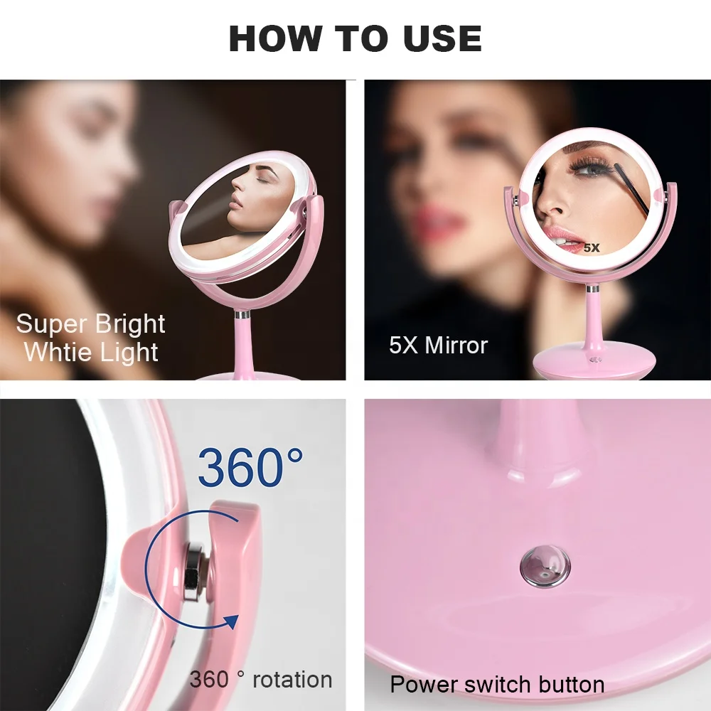 Table stand and plastic double sided desktop led makeup cosmetic mirror