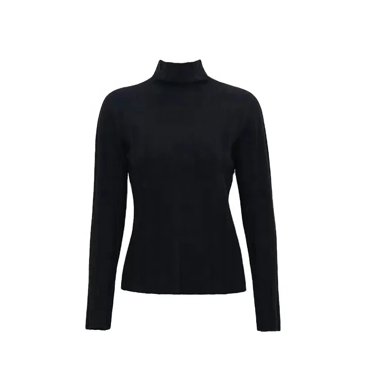 DLDM OEM&ODM Custom Design Elastic Bodycon Long Sleeve Notched High Neck Trim Women Cashmere Rib Knit Clinging Pullover Sweater