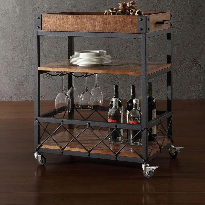 Vintage industrial modern styled trolley table with wheels and wine rack