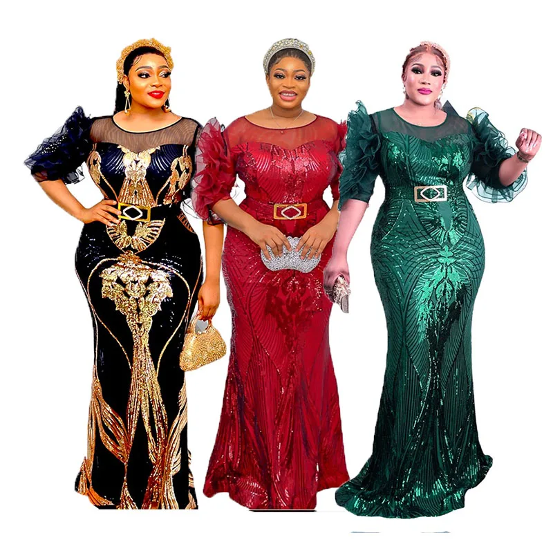 Glitter Sequin African Dress Ladies Formal Plus Size Party Gowns For Women Stretchy Bodycon Long Maxi Evening Dinner Dresses