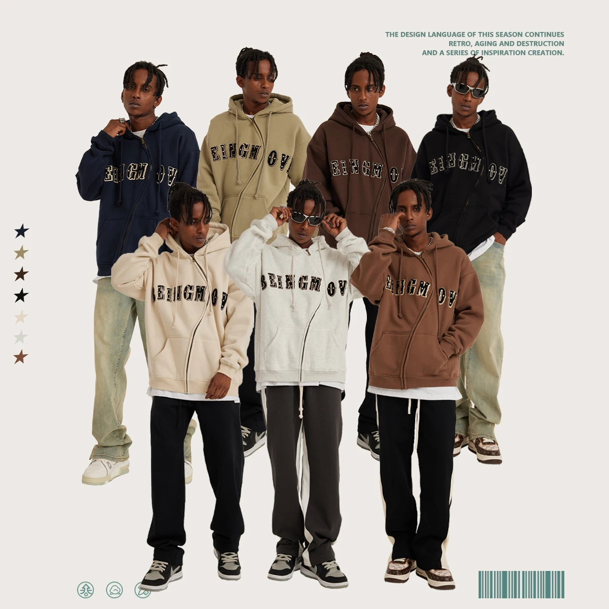 Hot Sale Autumn and Winter Heavy Duty American Style Embroidered Fleece Zipper Loose Hoodie Jacket for Men