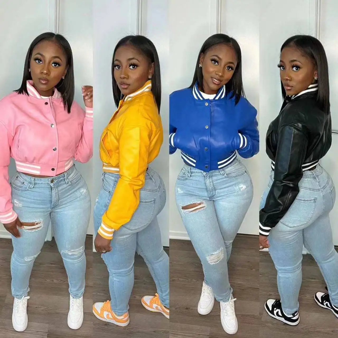 Fall 2022 Women Clothes Fashion PU leather Cropped Jacket Casual Pink Jacket Coats for Ladies Pure Leather Varsity Jacket Women