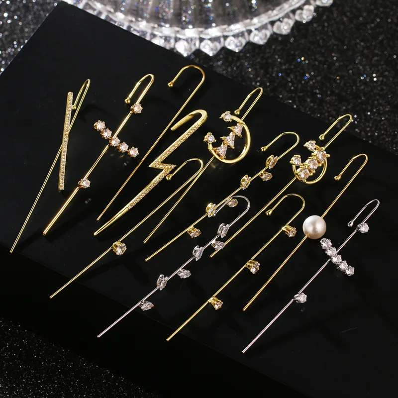 
Golden back-hanging piercing ear hooks zircon earrings temperament geometric female long style flat-shaped earrings 