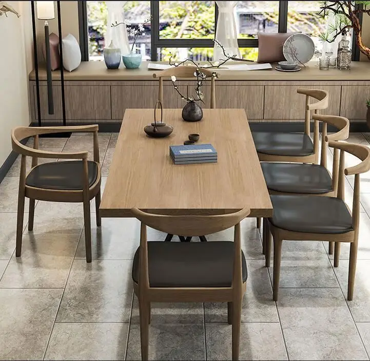 American Style Solid Wood Long Dining Table Set With 6 Chair