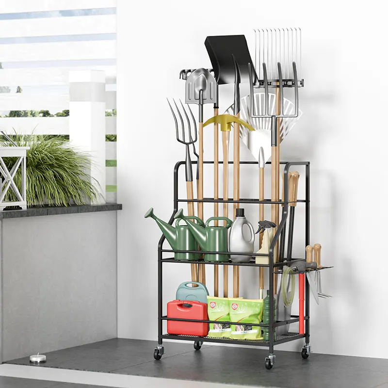 Removable Metal Garden Tool Organizer Stand Indoor Outdoor Heavy Duty Garden Tool Rolling Corner Tool Storage Rack for Garden