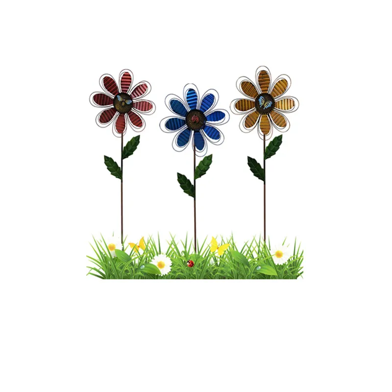 Flower With Insects Windmill Metal Rotating Flower Windmill With Stake Standing Lawn Flower Pinwheel Outdoor Garden Stakes Decor
