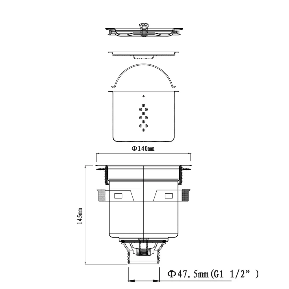 140 Mm Kitchen Basket Sink Strainer Anti-odor Drains Sink Filter Waste Stainless Steel Modern Polished Kitchen Water Pipe
