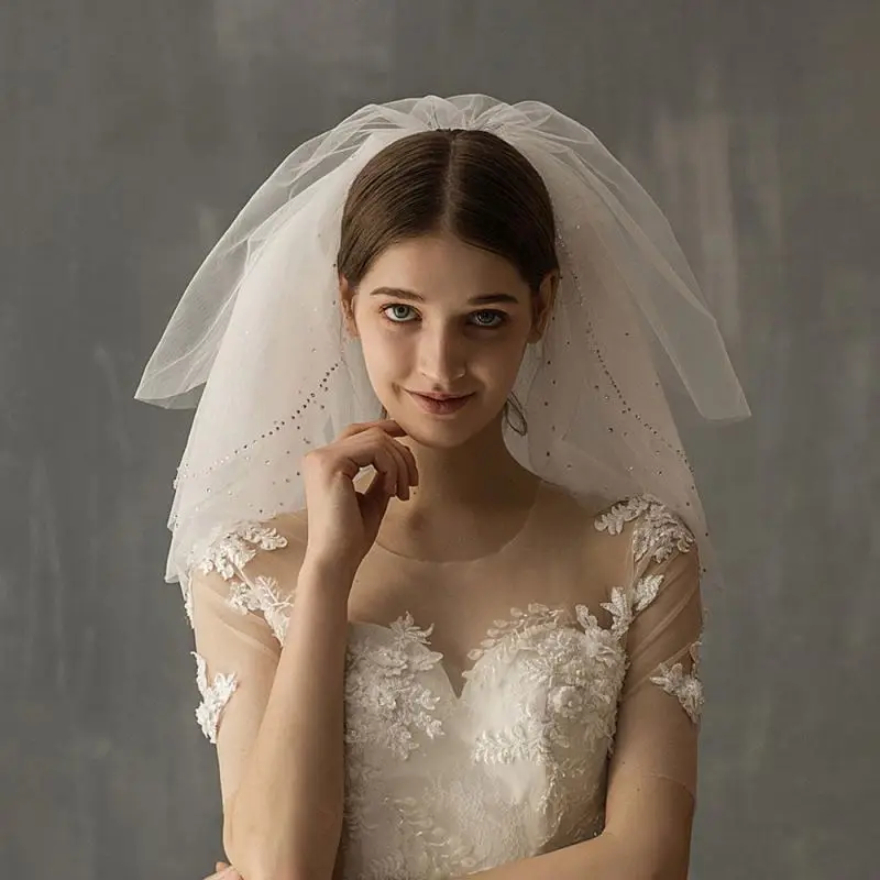  Five Layer Short Wedding Veils With Comb Soft Tulle Bridal Crystal