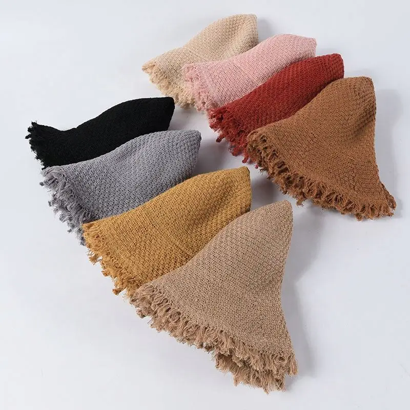 Korea Style Autumn New Jacquard Knitted Women Lady Dress Fisherman Cap Buckets Hats with Frayed Tassels Brim