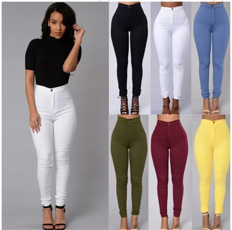 Wholesale Custom Women Stretch High Waist Solid Color Skinny Jeans Denim Pants Leggings Women Pencil Trousers