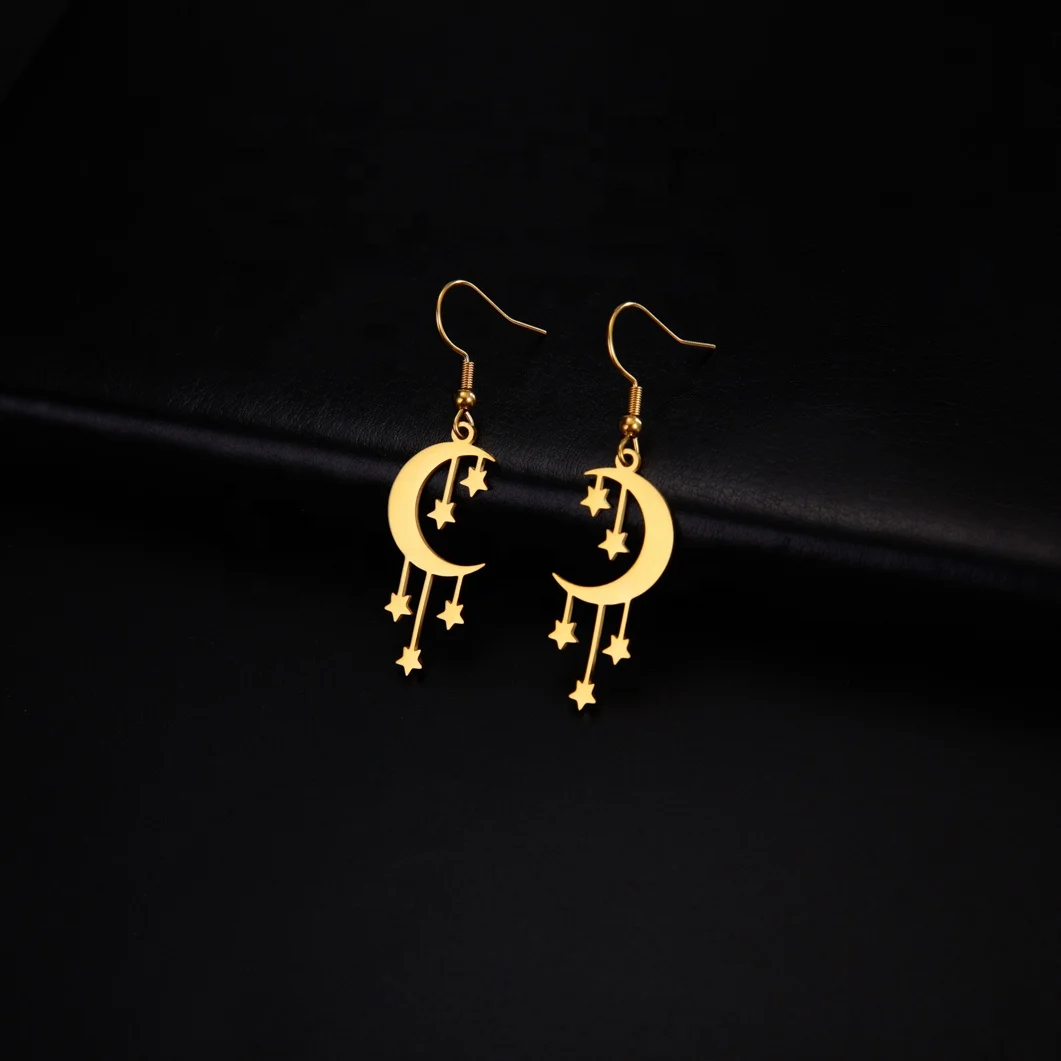 Crescent Moon Stars Drop Earrings Stainless Steel Gold Color Dangle Earrings Bohemian Jewelry Gift for Women Girls