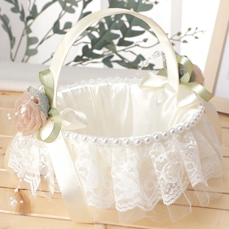 Wholesale Flowers Rose Festive Basket Wedding Sprinkle Petal Engagement Party Decor Bride Ivory Stain Lace Basket