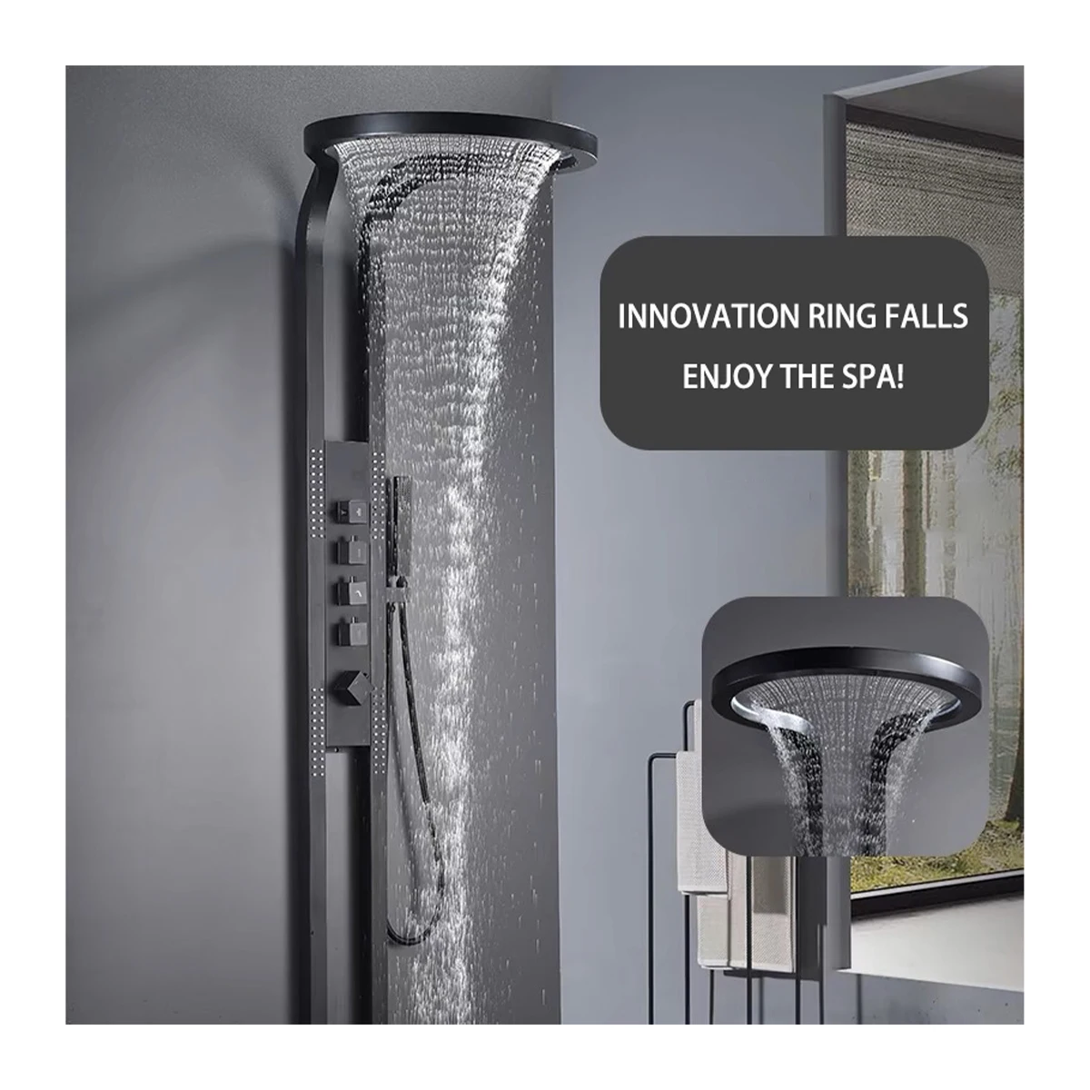 2024 TikTok Hot Sale Black Multifunction Bathroom Waterfall Rainfall Stainless steel Shower Panel Column Sprinkler Massage Set