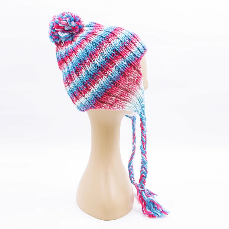 Custom Team Jacquard Pattern Knitted Braids Tassel Ear Flaps Winter Warm Cap Ear Cover Hat