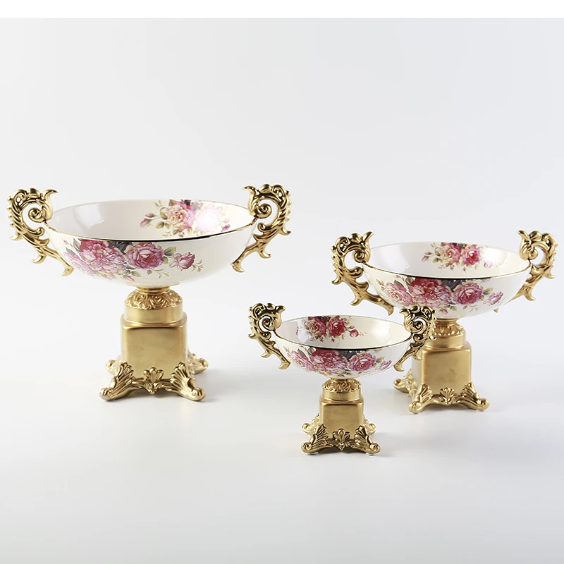 Luxury tableware with flowers and gold rim Bright glazed porcelain salad fruit ceramic bowl