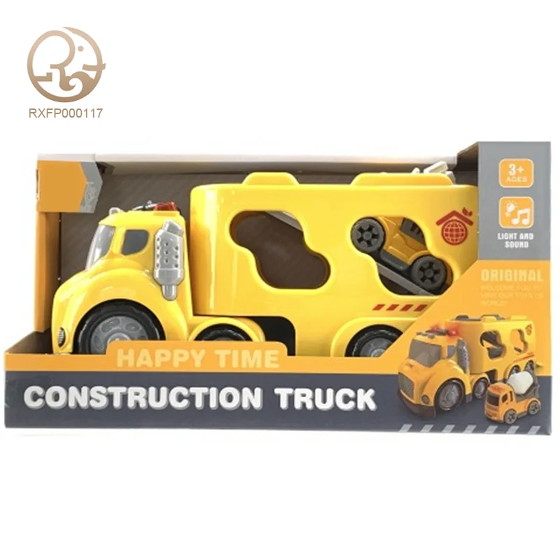 New Plastic Cartoon Fire Truck Toy Set with Light & Sound Diecast Train Toys for Kids Slide Friction Tractor-Trailer for Playing