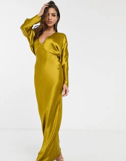 ZY 2020 latest design women custom batwing long sleeve v neck satin maxi dress