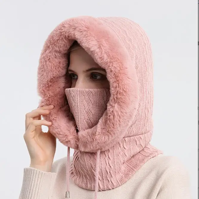 2022 winter woman hooded hats custom chunky thermal fleece balaclava ski hat