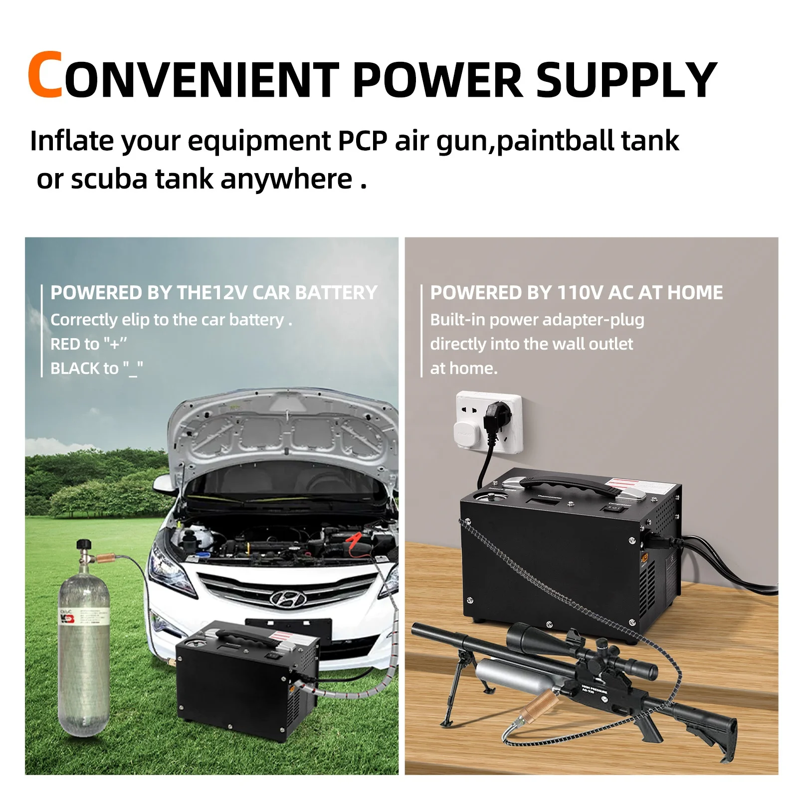 Air Gun and Paintball/Scuba Tank Compressor Pump Auto-shutoff Oil &Water-Free 4500Psi/30Mpa Air Compressor