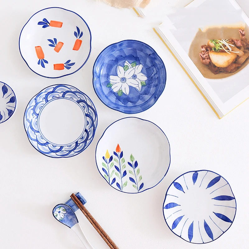 Restaurant Hand Painted Underglazed Irregular Japanese Korean Porcelain Plates Blue Snack Salad Plate Ceramic Dinner Plates