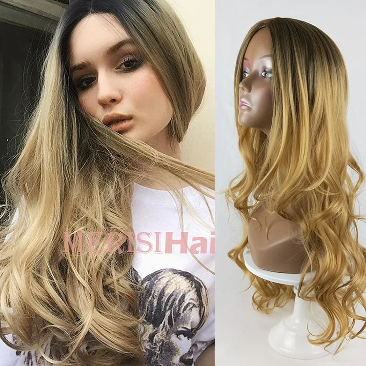 Blonde Wig With Bangs Long Wavy Curly Ombre Wig with Dark Root Synthetic Heat Resistant Fiber Hair for Women Daily Party Use