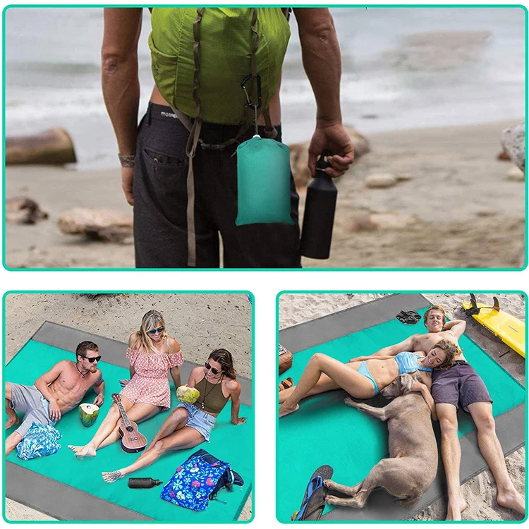 Outdoor Portable Mini Lightweight Waterproof Nylon Sand Free Beach Mat Folding Sand Proof Custom Beach Blanket With Pocket LOGO