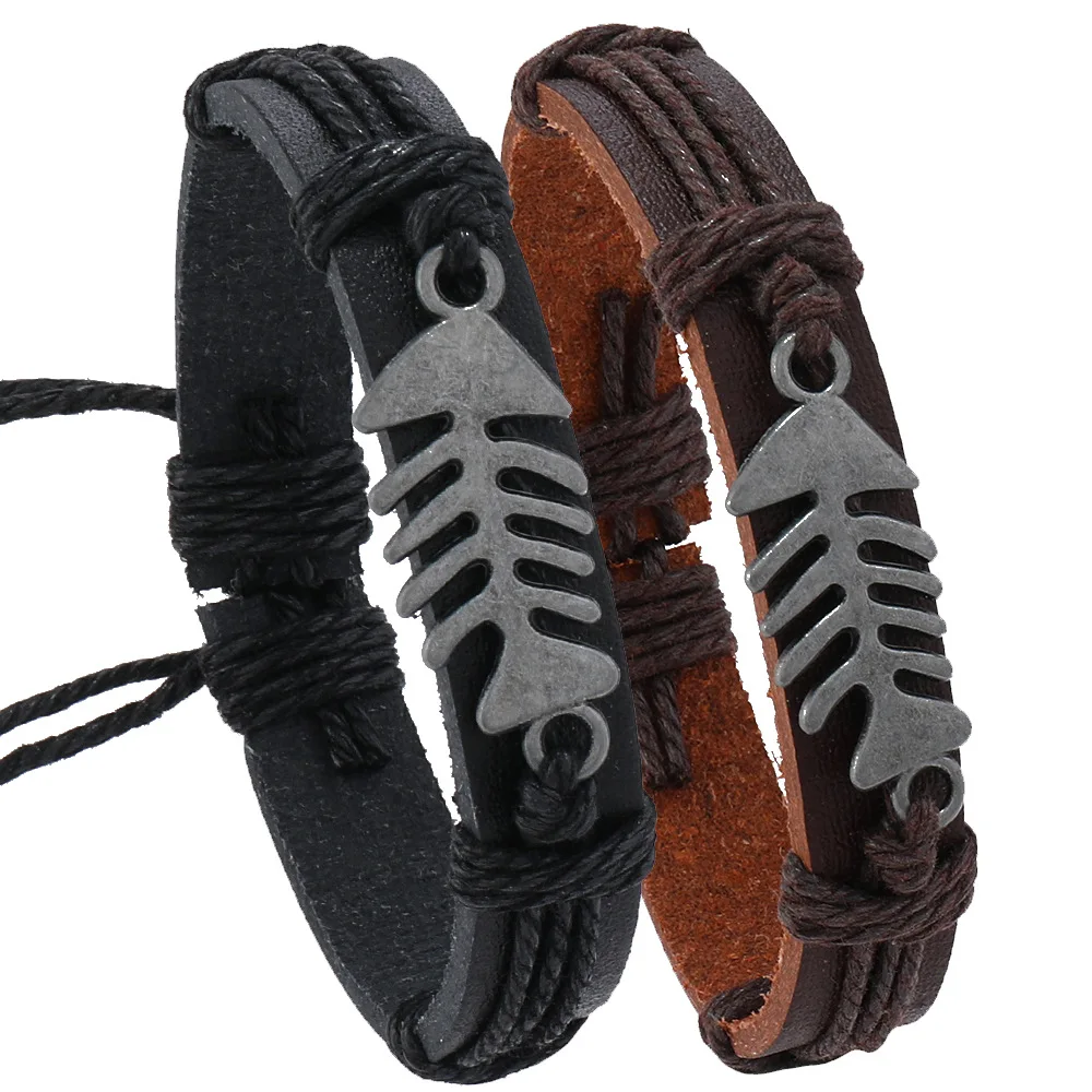 Новые ювелирные изделия простой Плетеный вручную кожаный браслет в стиле ретро креативный из сплава виде рыбьей кости Океанский стиль для оптовой продажи N2410105
