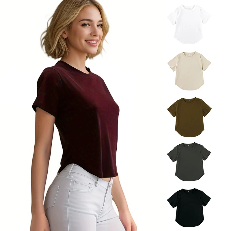 New summer women's round neck short sleeve loose T-shirt solid color slim trend bottoming T-shirt
