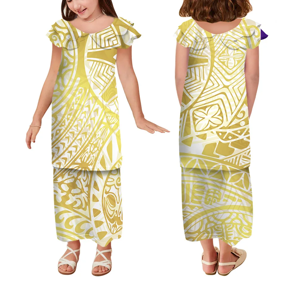 Wholesale Customized Gold White Polynesian Tribal Printed Frill Samoan Baby Girls Puletasi Children Clothes Toddler Kids Dress