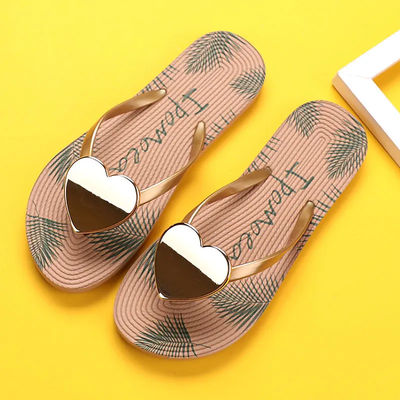 Summer Popular Women Slide sandal with Love Decoration  Ladies Slipper Printed Flat Slides for girl