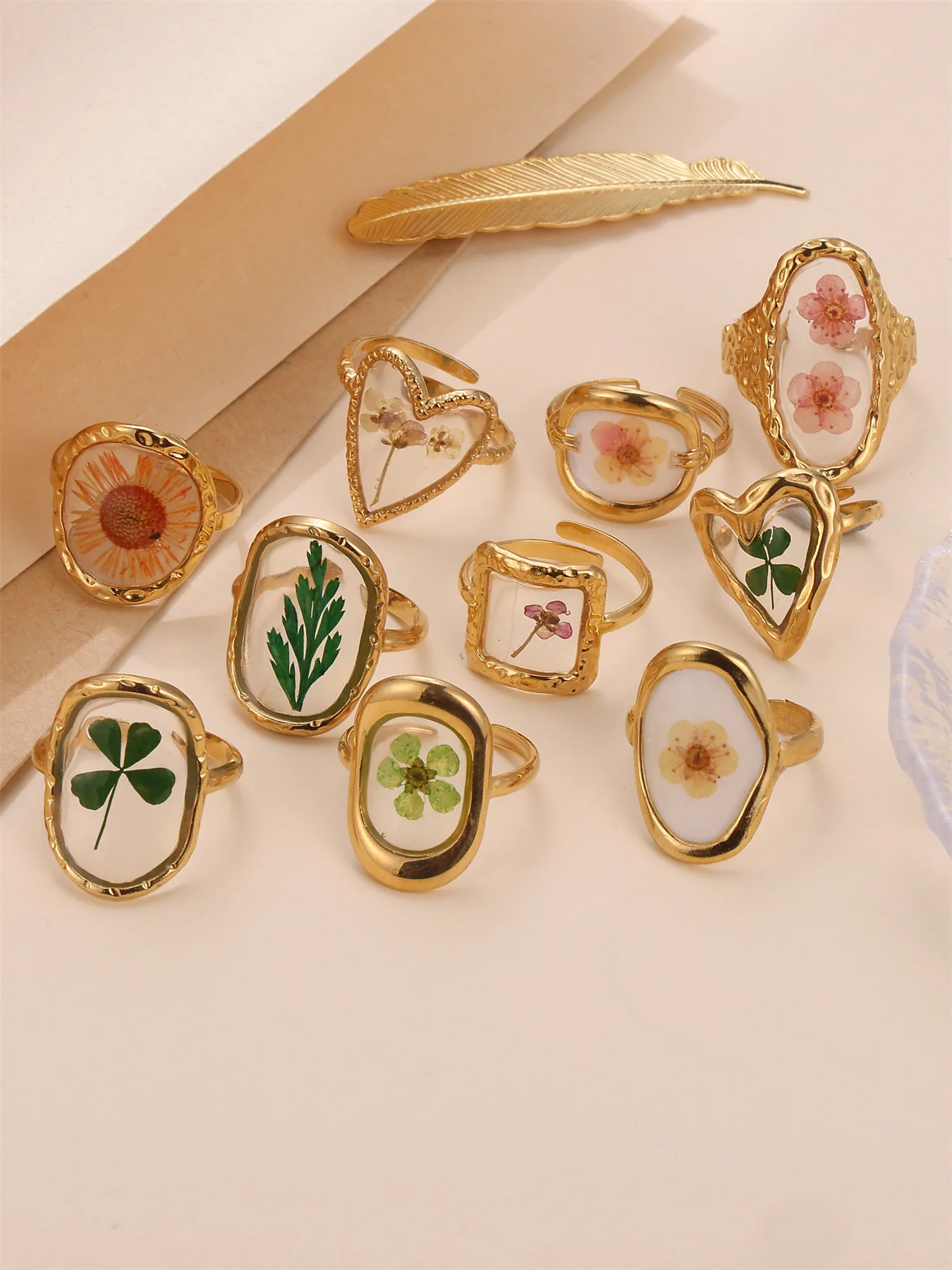 Vintage Kinds Of Flower Ring Real Flowers And Plants Fashion Jewelry Rings Lady Women Stainless Steel 18k Gold Plated Rings