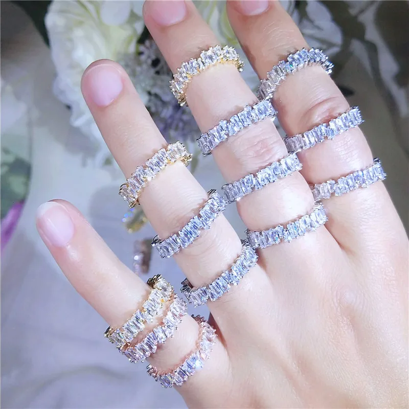 Hot Selling Couple Gift Finger Ring Colorful Iced Out Cubic Zirconia Mirror Polishing Wedding Engagement Eternity Ring for Women