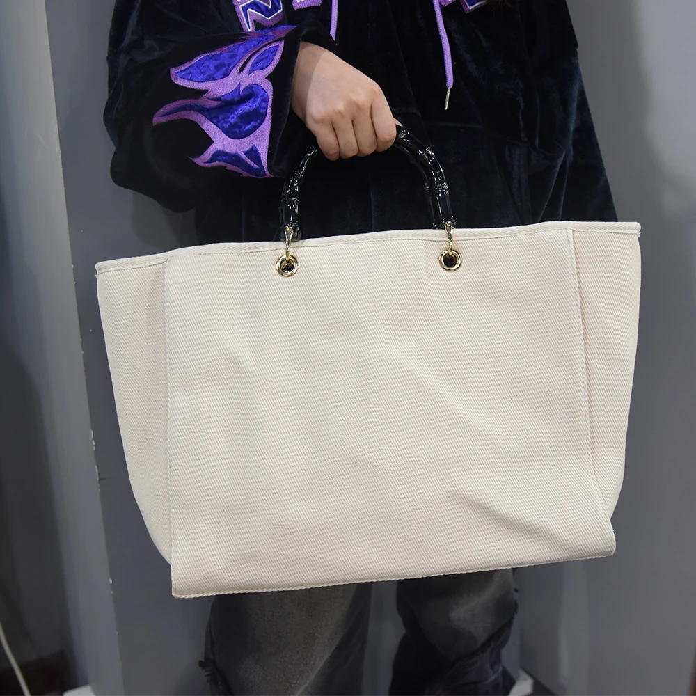 High quality bamboo handle bags women handbags ladies canvas tote bag